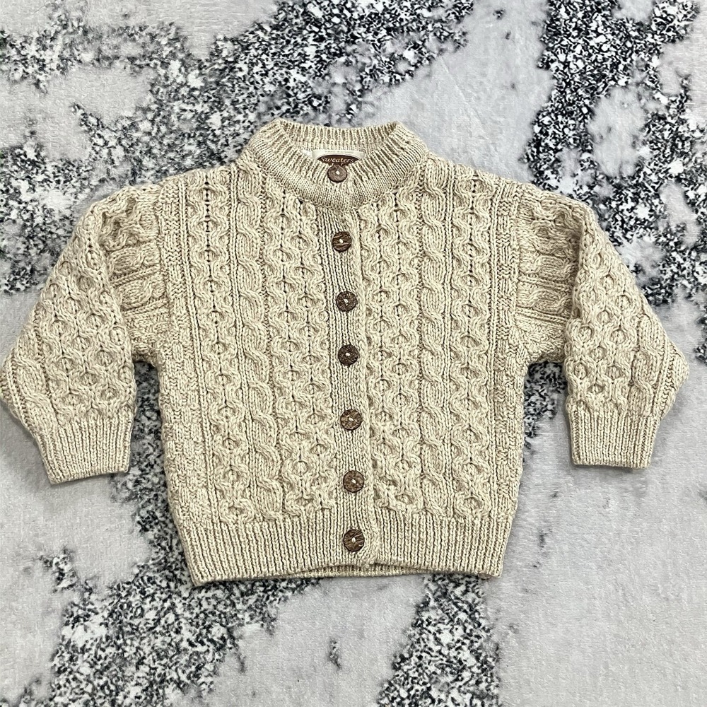 Sweaters of Ireland Kids Aran Cardigan Small Pure New‎ Merino Wool Cable Knit